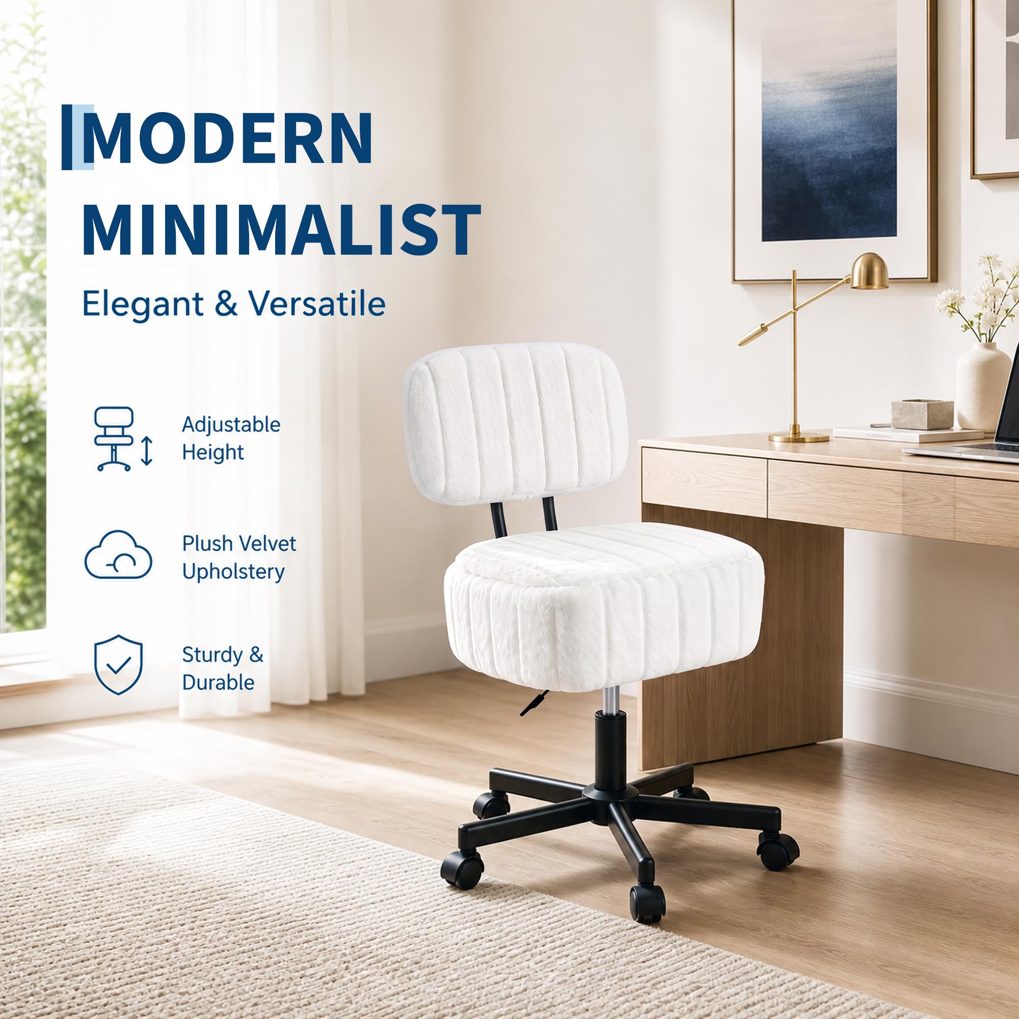 Office Stool - Vanity Chair with Storage, Faux Rabbit